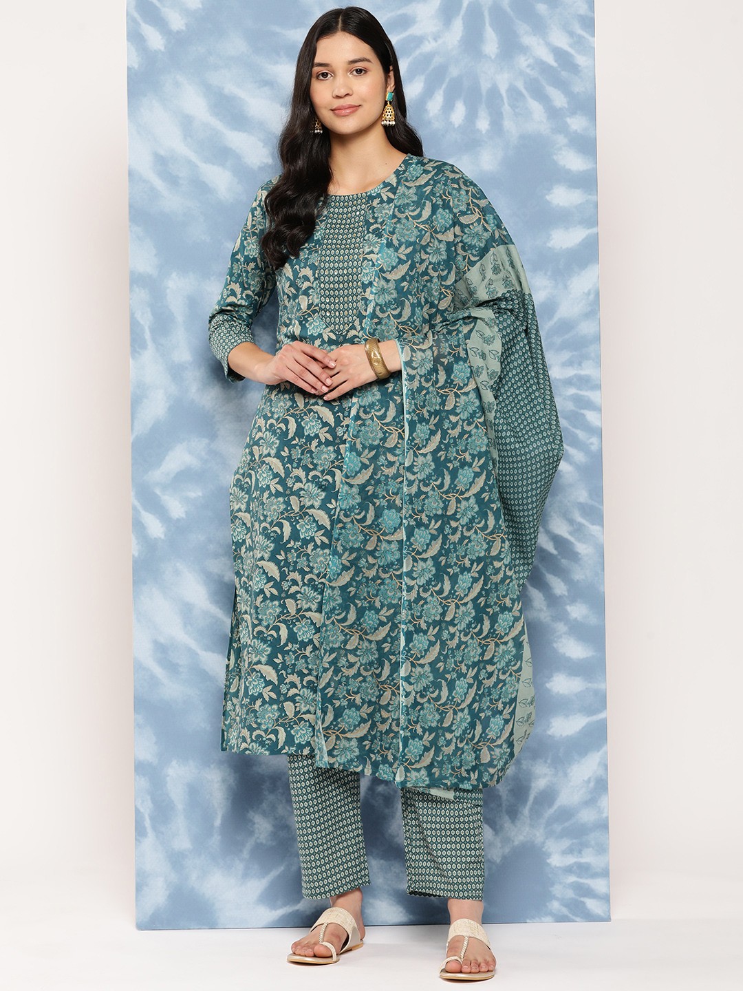 

Yufta Ethnic Motifs Printed Sequinned Pure Cotton Kurta With Trousers & Dupatta, Teal