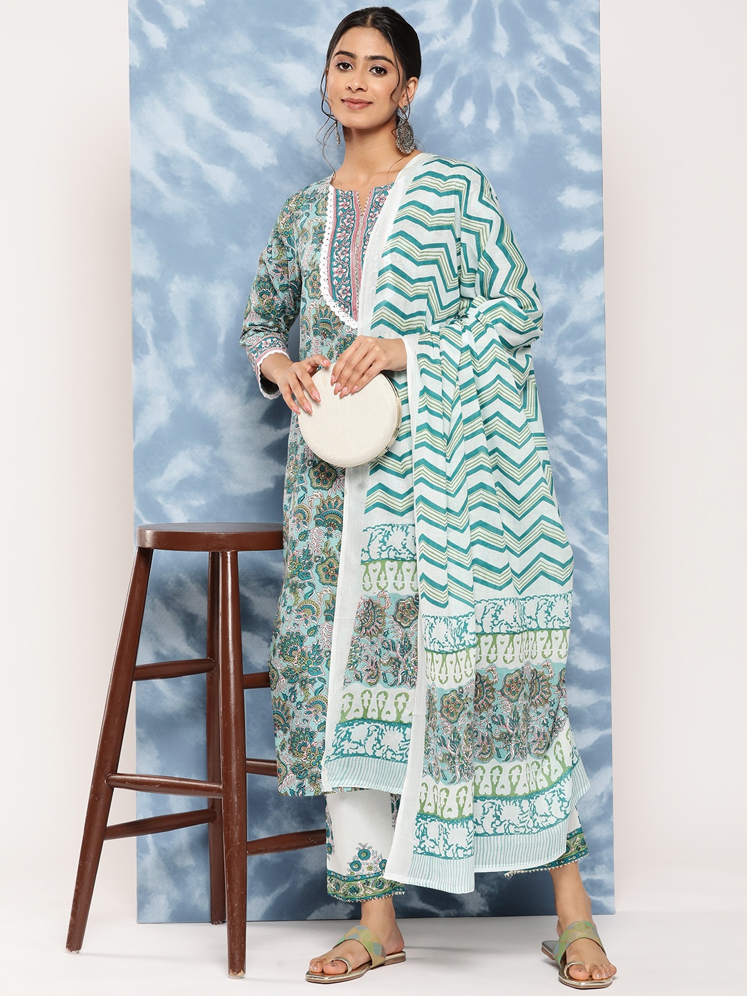 

Yufta Floral Block Printed Regular Pure Cotton Kurta With Trousers & Dupatta, Green