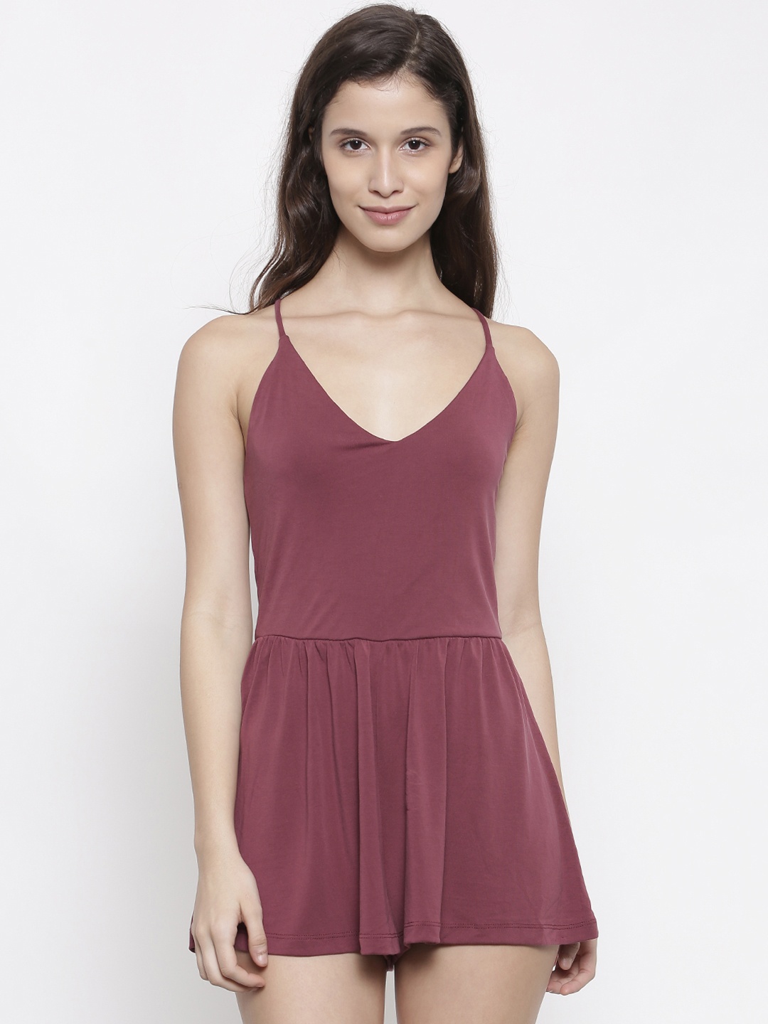 

FOREVER 21 Burgundy Solid Playsuit