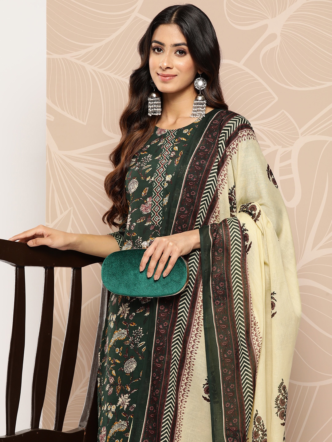 

Yufta Floral Printed Regular Pure Cotton Kurta with Trousers & With Dupatta, Green