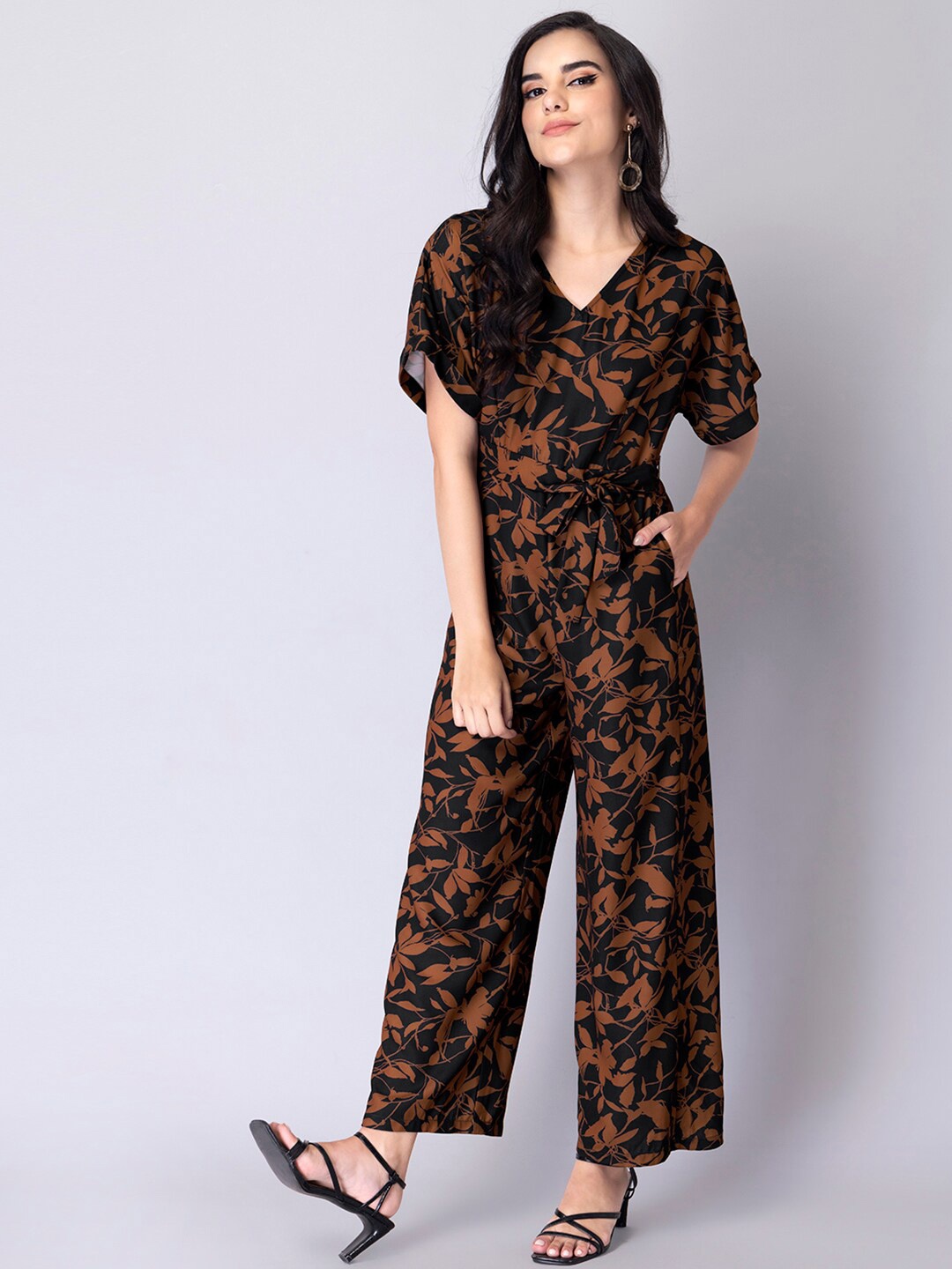 

FabAlley Printed Basic Jumpsuit With Waist Tie-Ups, Black