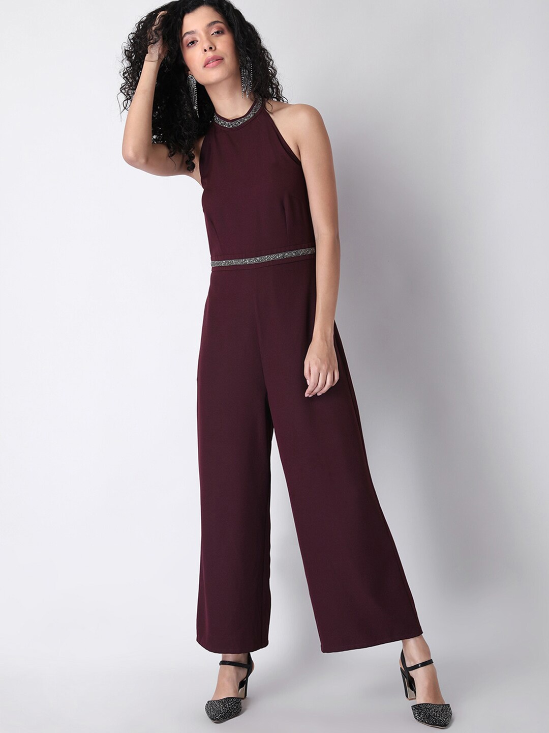 

FabAlley Halter Neck Basic Jumpsuit, Burgundy