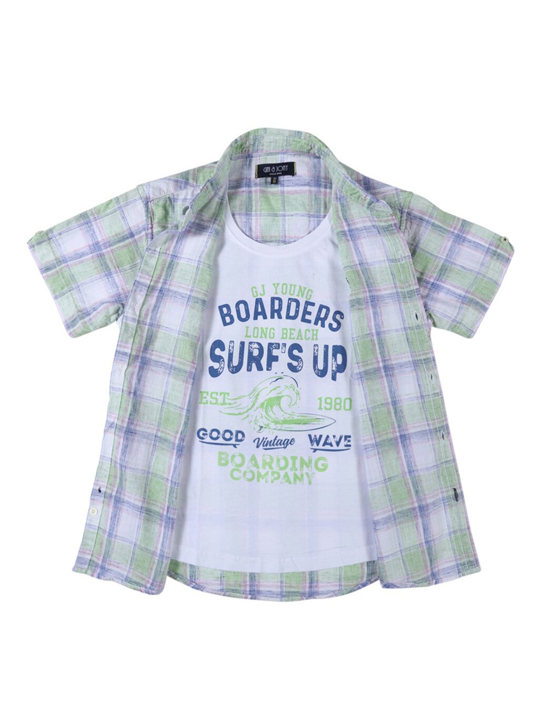 

Gini and Jony Boys Tartan Checked Cotton Casual Shirt With T-Shirt, Sea green