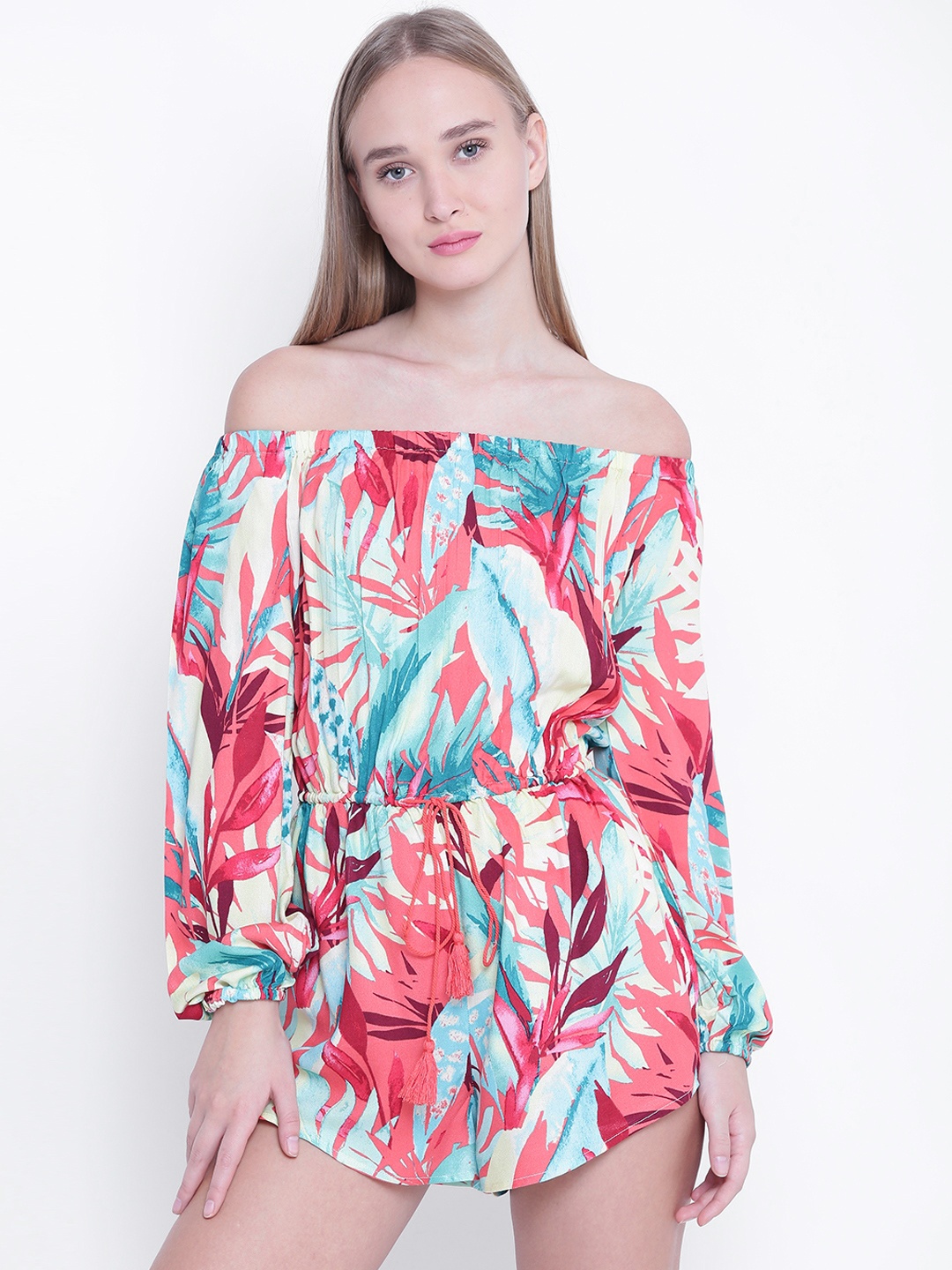 

FOREVER 21 Coral Red & Sea Green Printed Playsuit