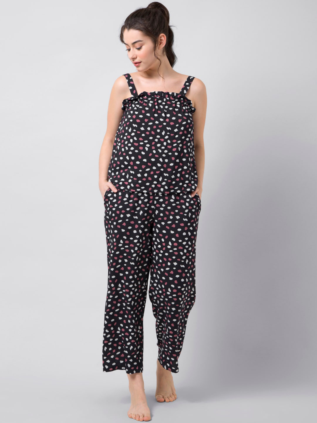 

FabAlley Printed Pure Cotton Night Suit, Black