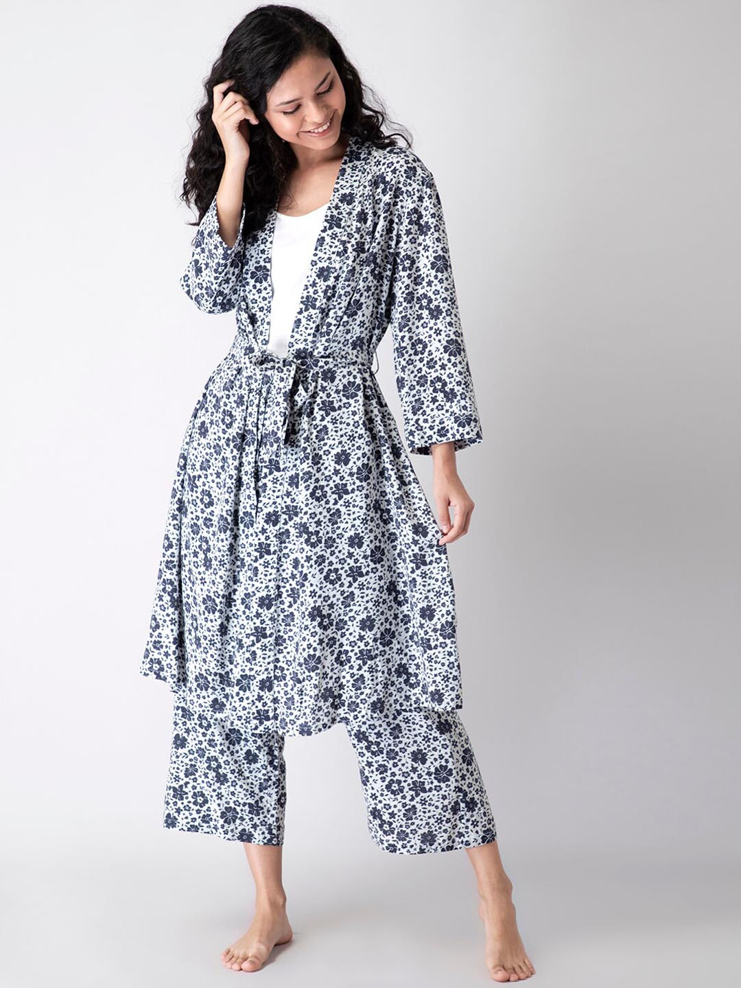 

FabAlley 3 Pieces Floral Printed Night Suit, White