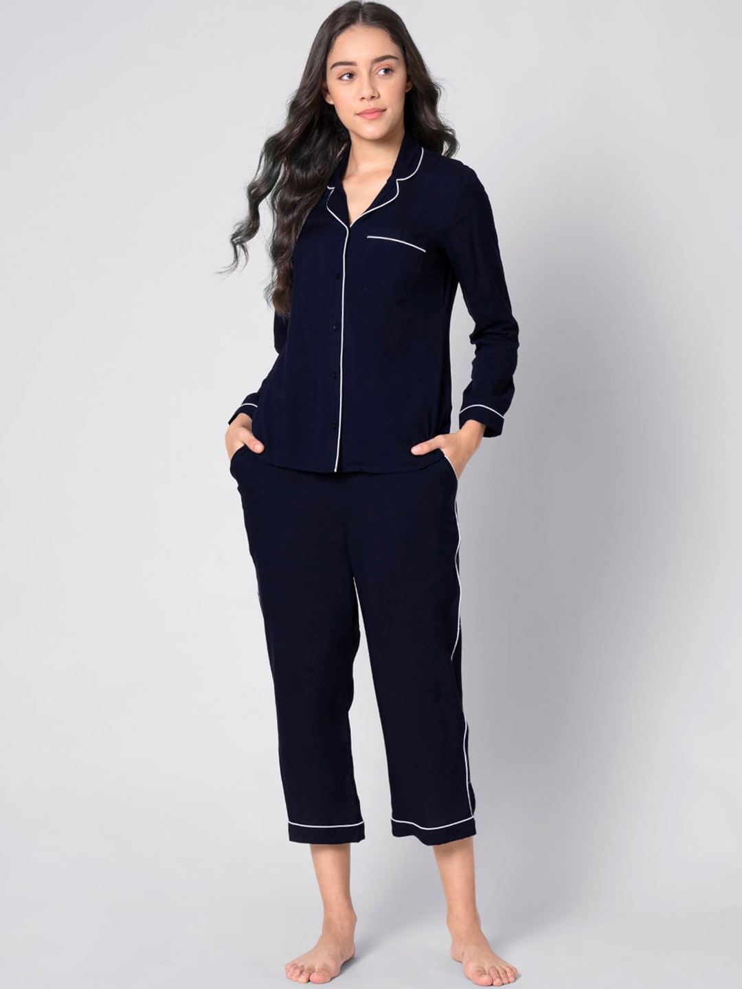 

FabAlley Lapel Collar Pure Cotton Night Suit, Navy blue