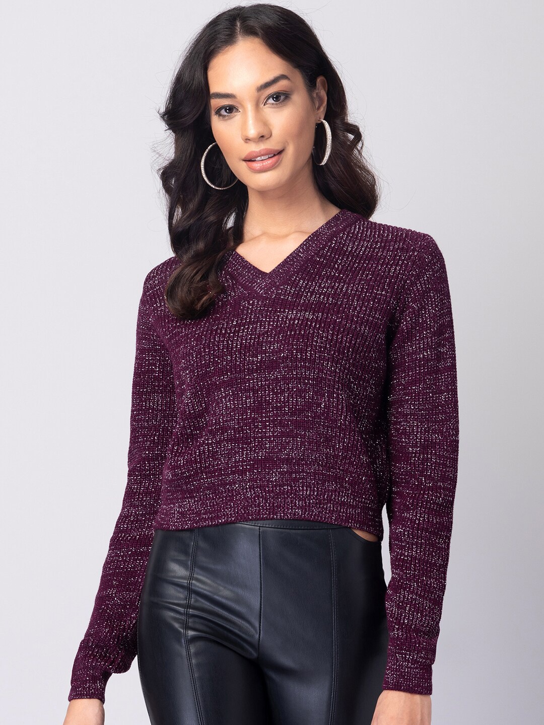 

FabAlley V-Neck Ribbed Acrylic Crop Pullover Sweater, Maroon