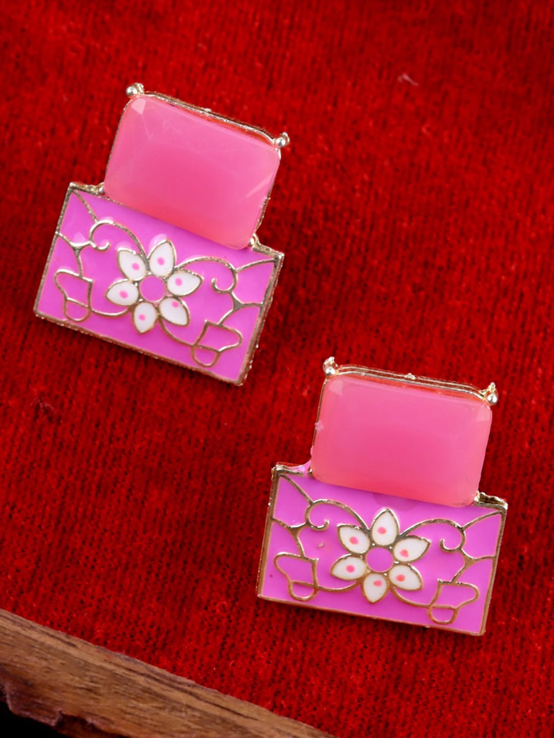 

VAGHBHATT Gold Plated Square Shaped Stone Studded Drop Earrings, Pink