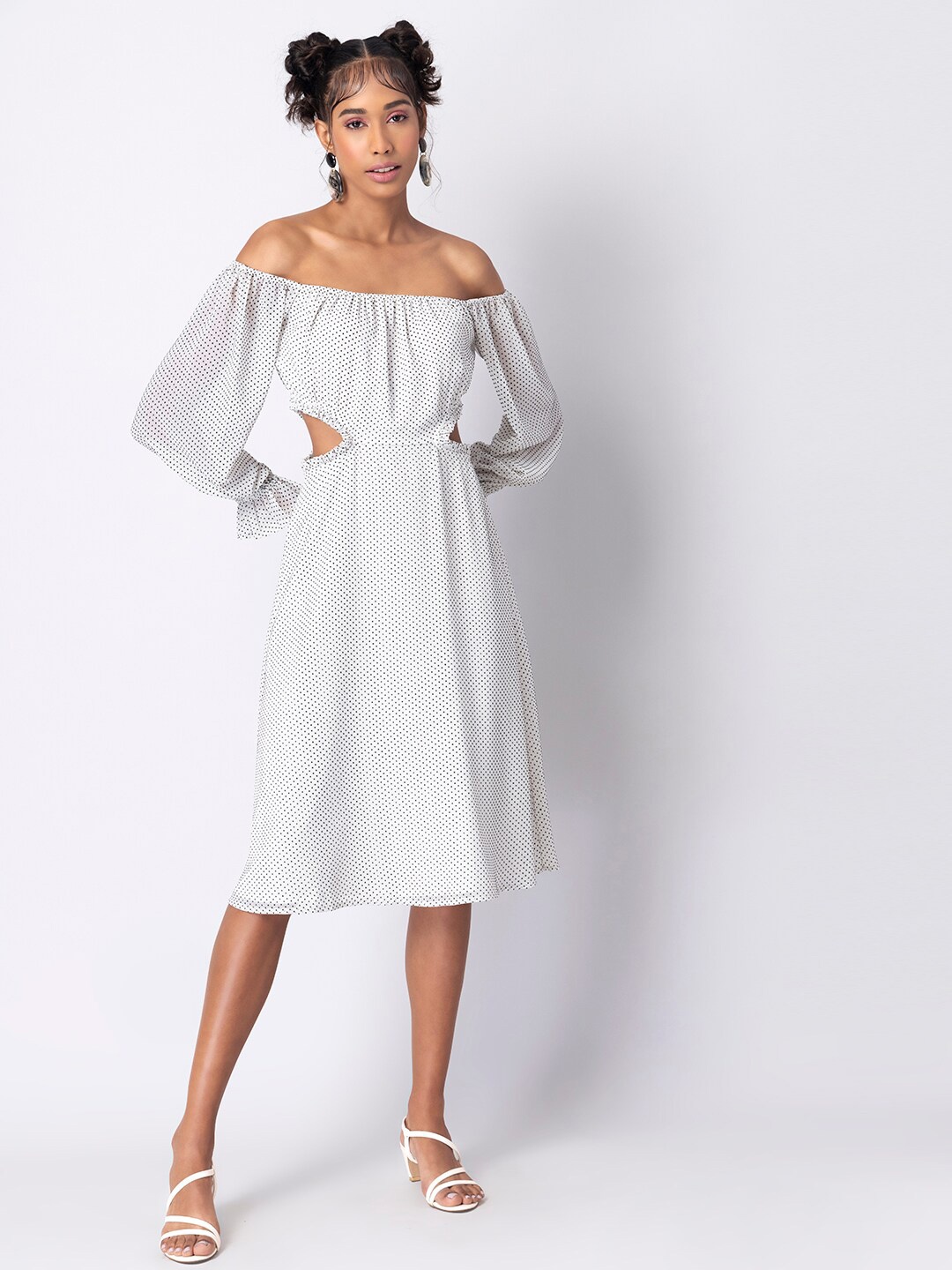 

FabAlley Striped Off-Shoulder Georgette A-Line Midi Dress, White