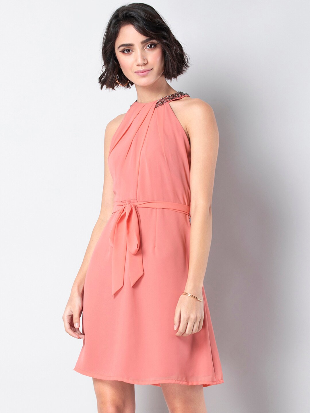

FabAlley Choker Neck Embellished A-Line Dress, Peach