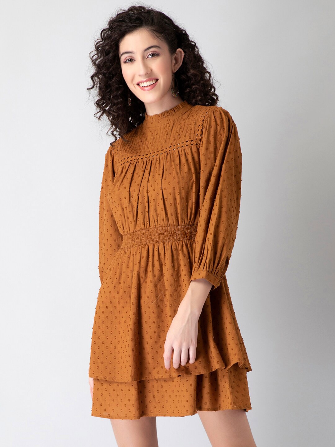 

FabAlley Self Design Smocked Fit & Flare Mini Dress, Brown
