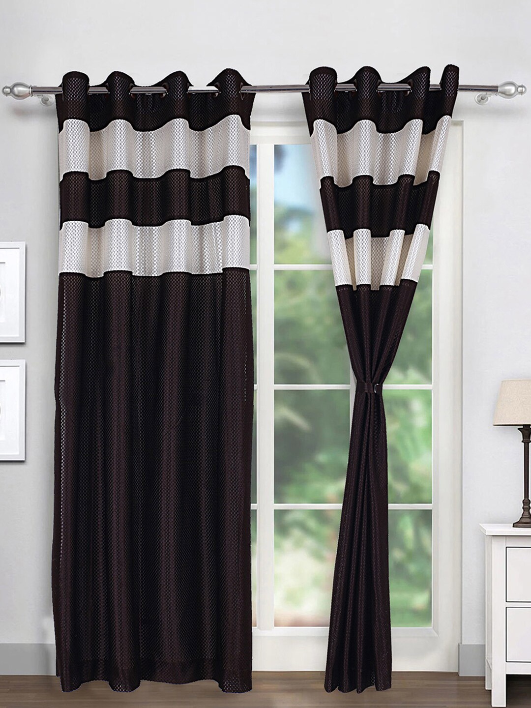 

Kuber Industries Brown & White 2Pcs Self Design Sheer Window Curtain