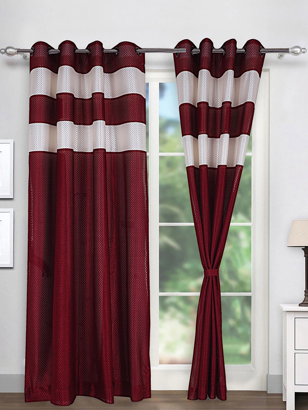 

Kuber Industries Maroon & White 2Pcs Self Design Sheer Window Curtain