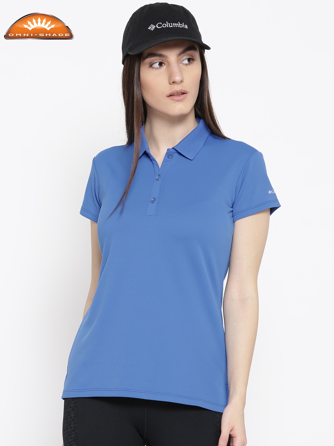 

Columbia Women Blue Solid Innisfree SS UV Protect Polo Collar Hiking T-shirt
