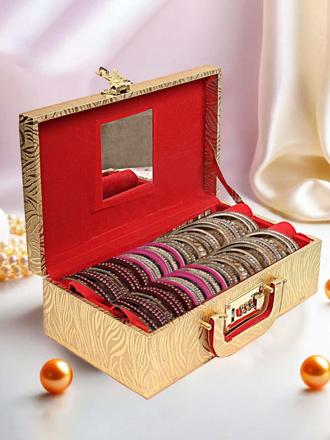 

Kuber Industries Gold-Toned Wooden Number Lock System 2 Rod Bangle Box With Mirror & Handle