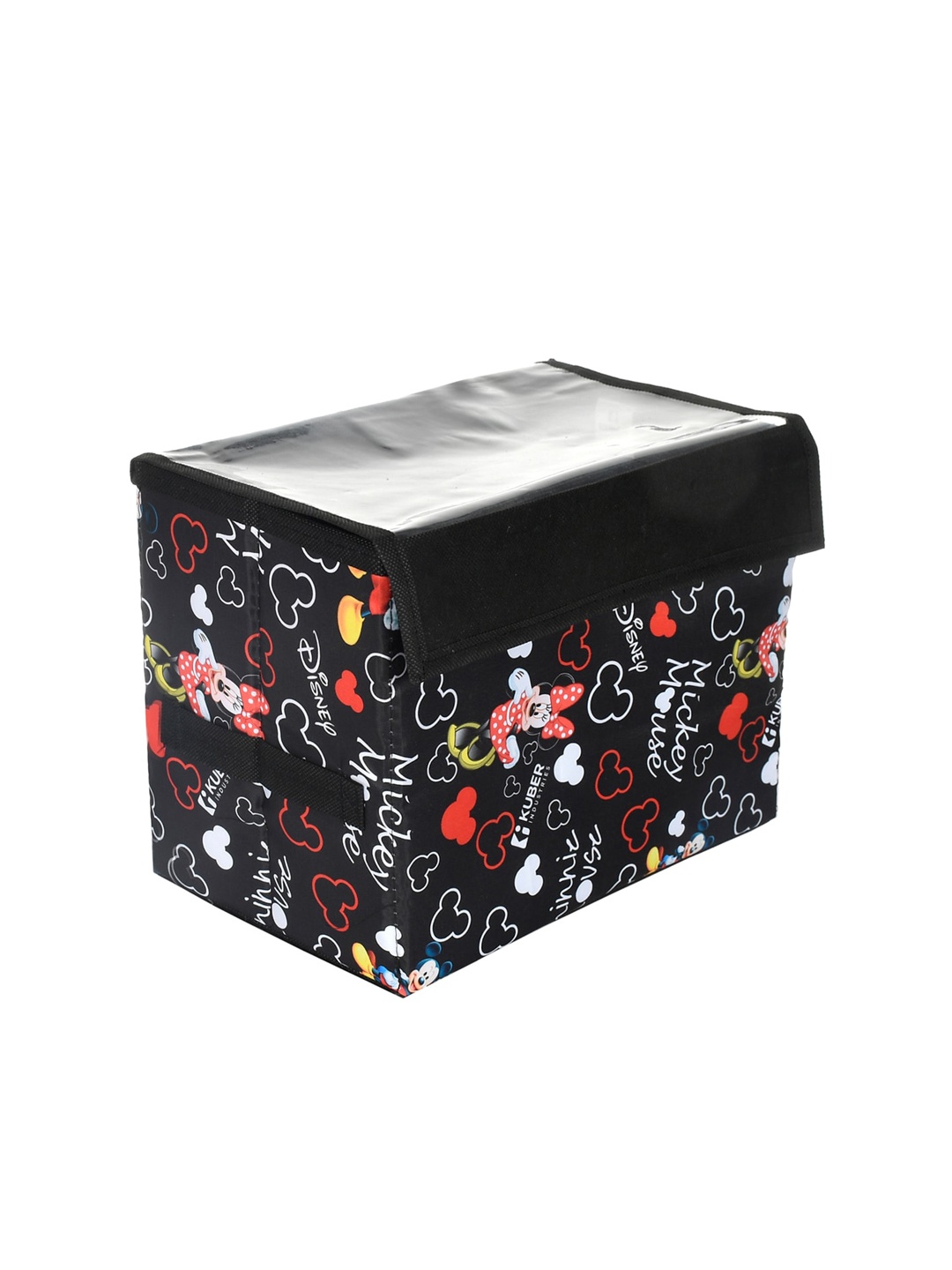 

Kuber Industries Black & Red Printed Reusable Storage Box With Transparent Lid & Handle