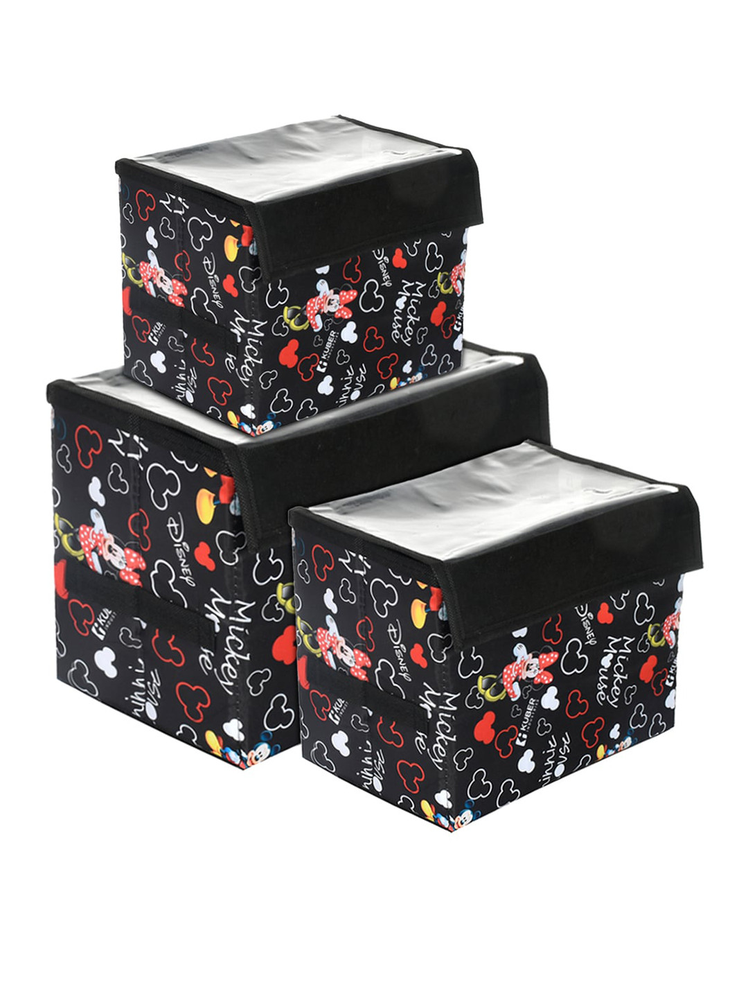 

Kuber Industries Black & Red 3 Pcs Disney Minnie Storage Box With Transparent Lid & Handle