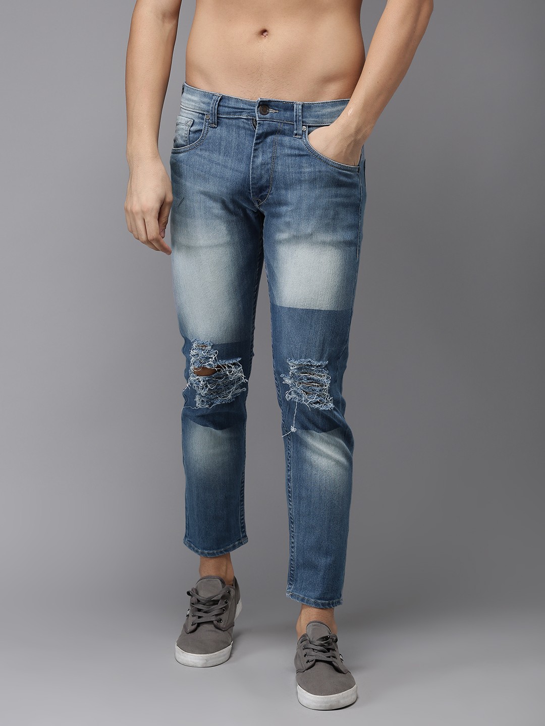 

Moda Rapido Men Blue Slim Fit Low-Rise Cropped Slash Knee Stretchable Jeans