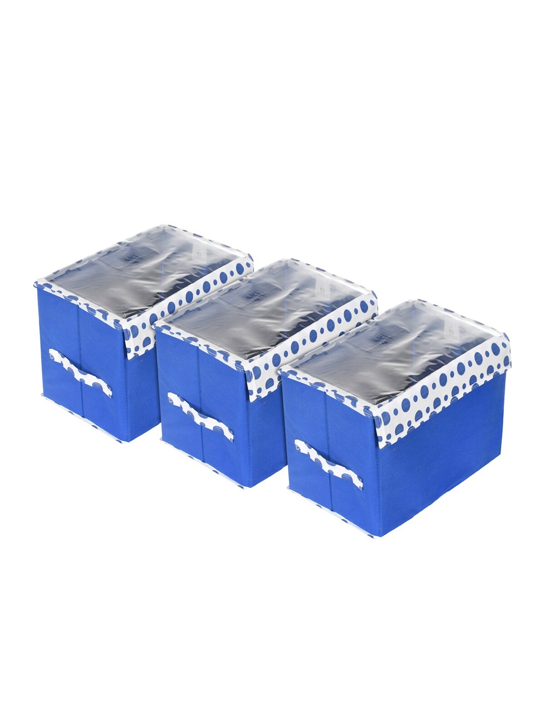 

Kuber Industries 3Pcs Blue & White Foldable storage Boxes With Transparent Lid & Handle