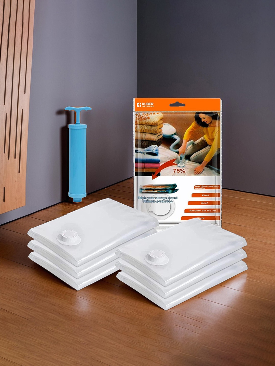 

Kuber Industries 6-Pcs Transparent Vacuum Storage Bags With Hand Pump