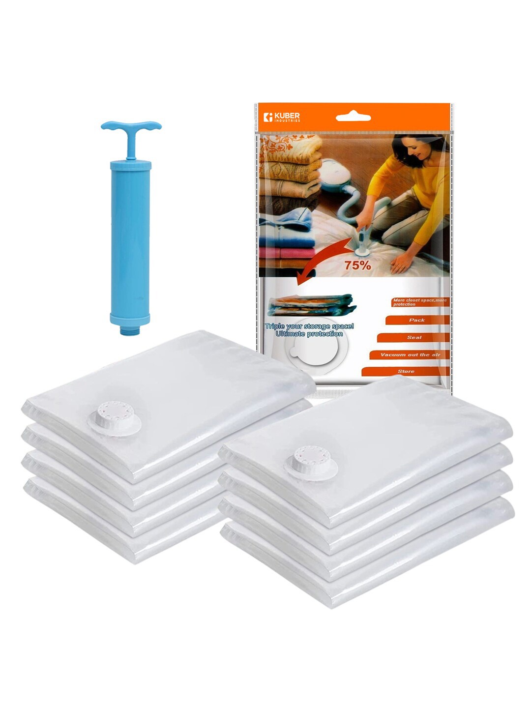 

Kuber Industries Transparent 8 Pcs Vacuum Storage Bags With Hand Pump