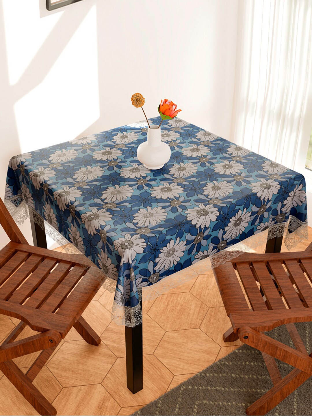 

Kuber Industries Blue & White Floral Printed PVC Waterproof 4 Seater Table Cover