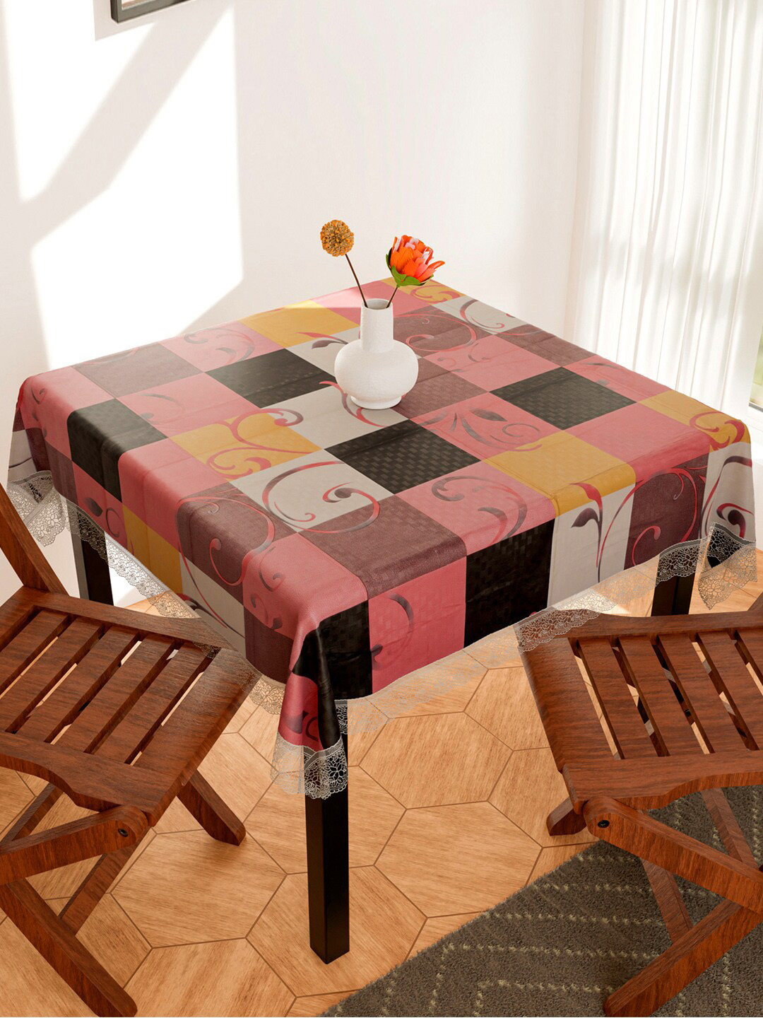

Kuber Industries Pink & Black Checked Waterproof 4-Seater Square Table Cover
