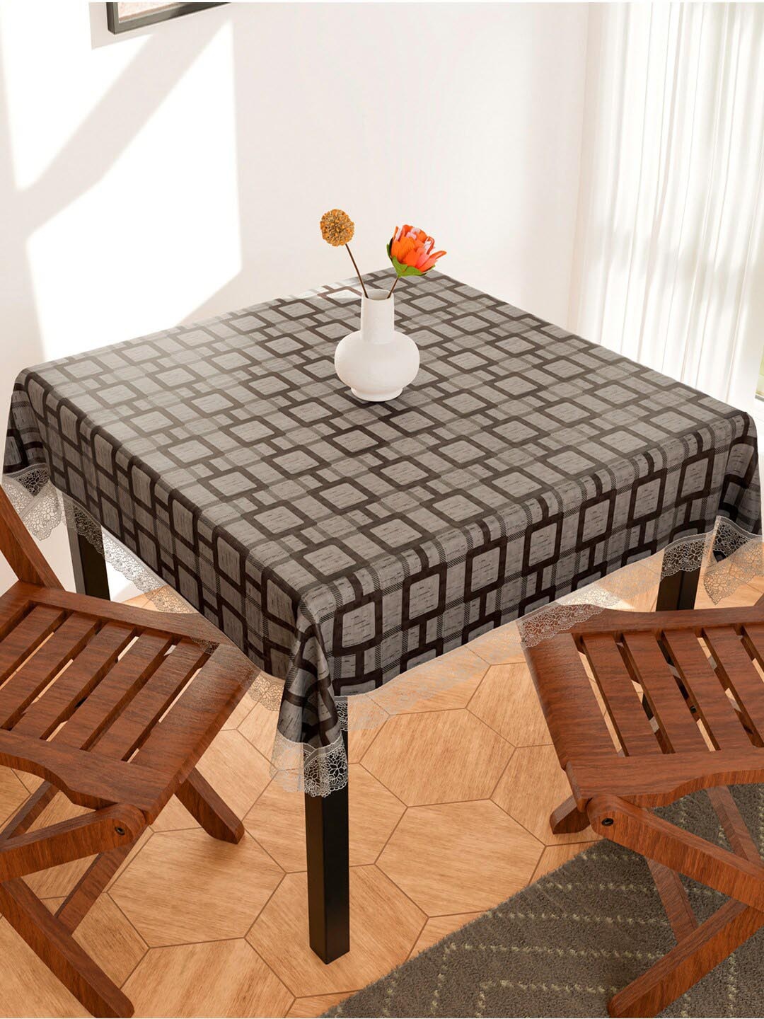 

Kuber Industries Grey & White Printed Waterproof 4-Seater Square Table Cover