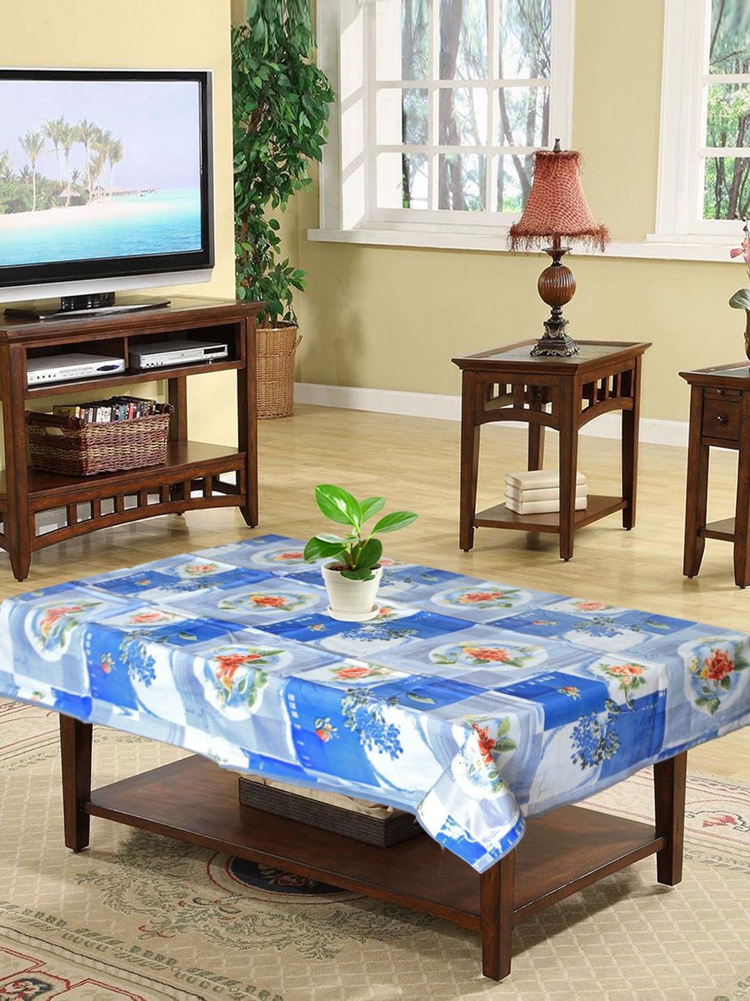 

Kuber Industries White & Blue Floral Printed 4 Seater Table Cover