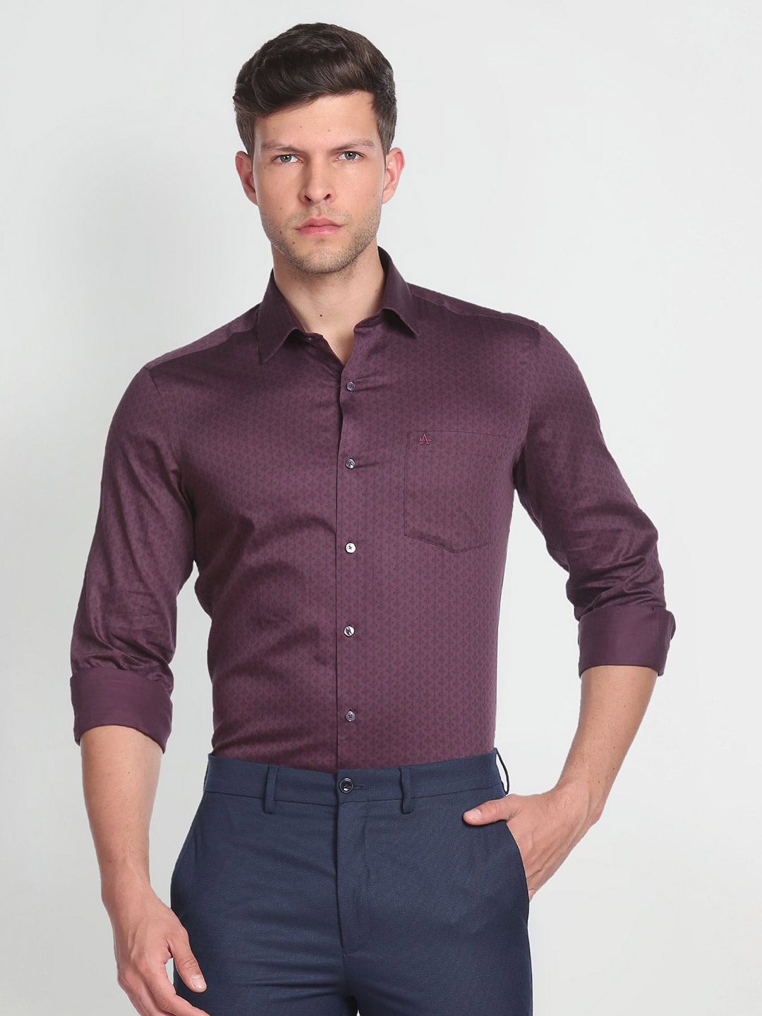 

Arrow Spread Collar Slim Fit Micro Ditsy Printed Formal Pure Cotton Shirt, Purple