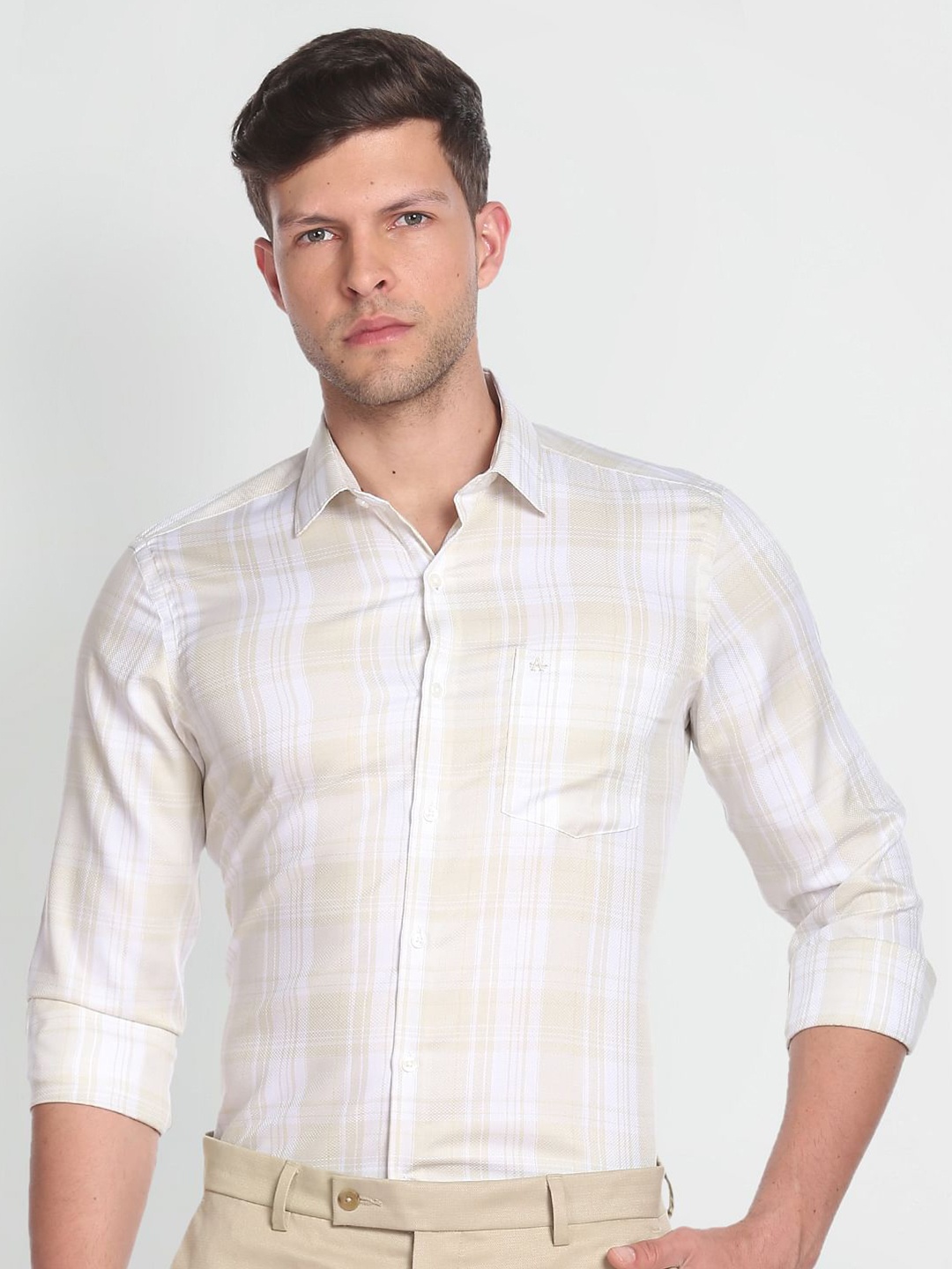 

Arrow Men Auto Press Plaid Checks Formal Shirt, Beige