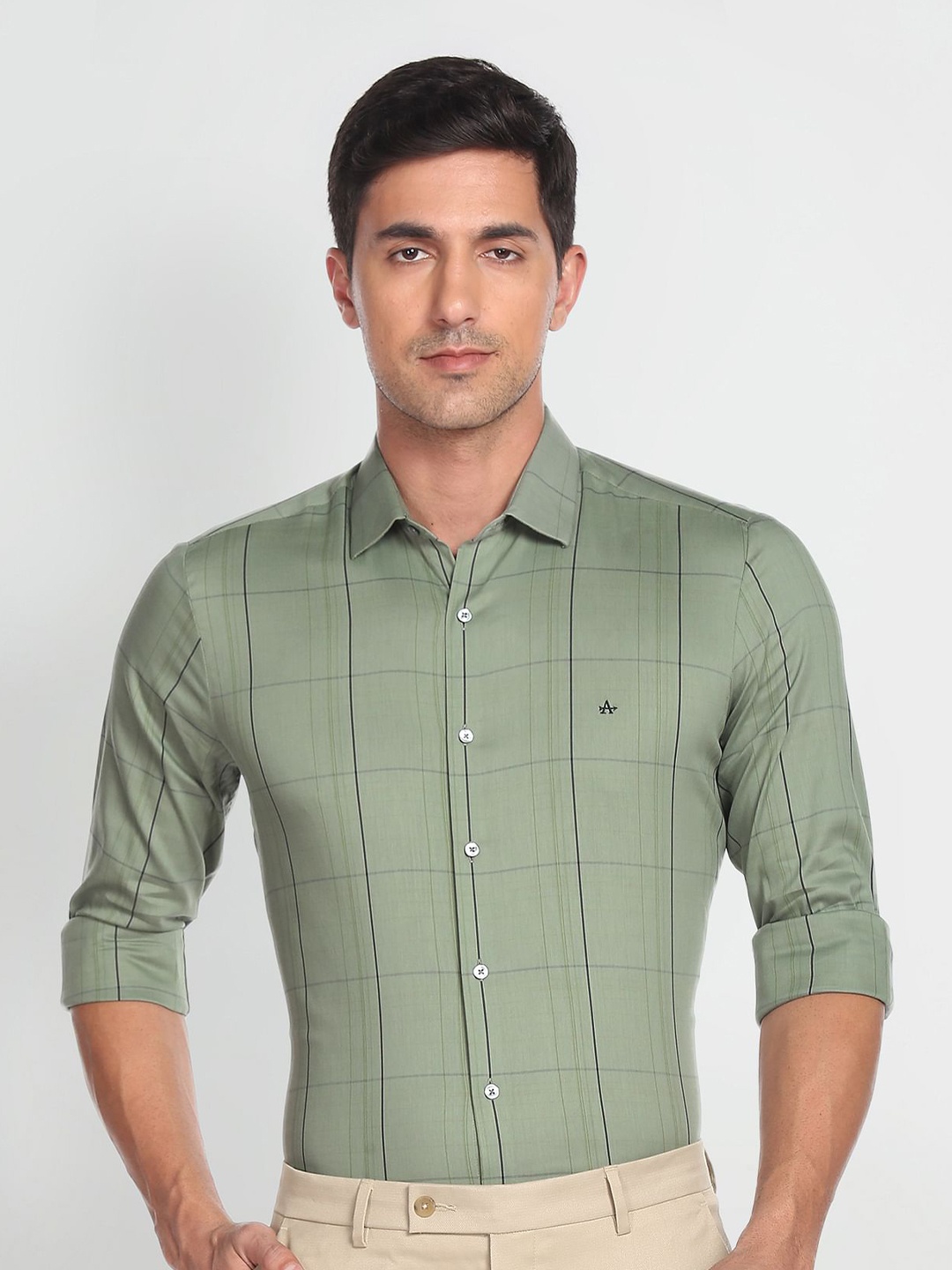 

Arrow Slim Fit Windowpane Checked Cotton Formal Shirt, Green