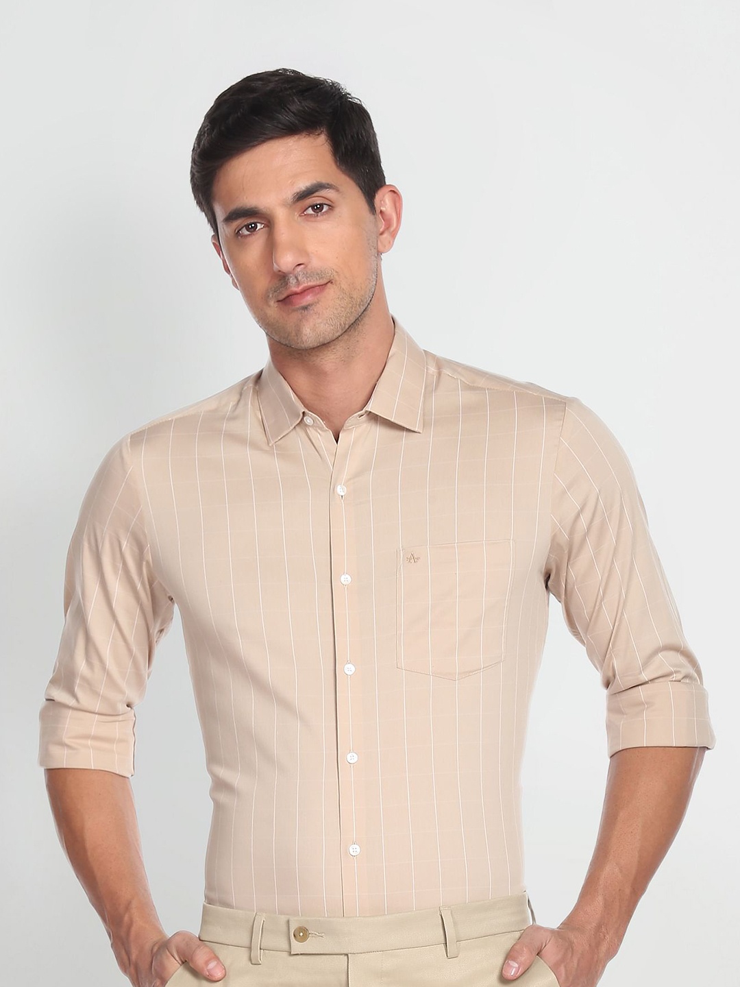 

Arrow Slim Fit Windowpane Checked Slim Fit Cotton Casual Shirt, Beige