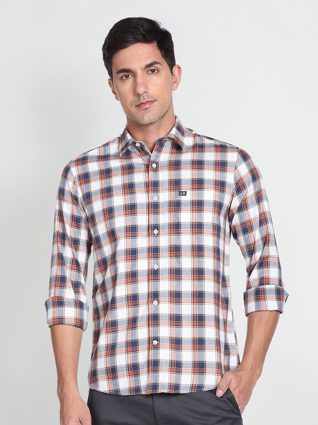 

Arrow Sport Spread Collar Slim Fit Checked Pure Cotton Casual Shirt, White
