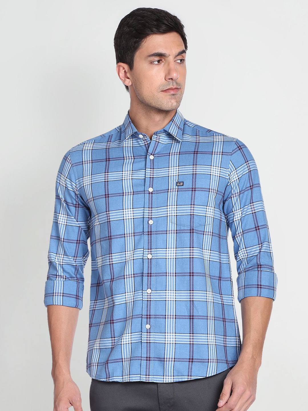 

Arrow Sport Spread Collar Slim Fit Tartan Checked Pure Cotton Casual Shirt, Blue