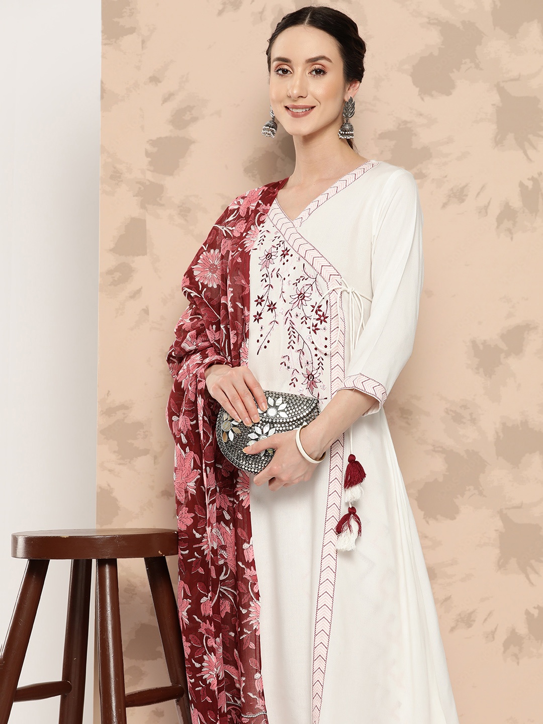 

Yufta Women White Embroidered Angrakha Thread Work Kurta with Salwar & With Dupatta