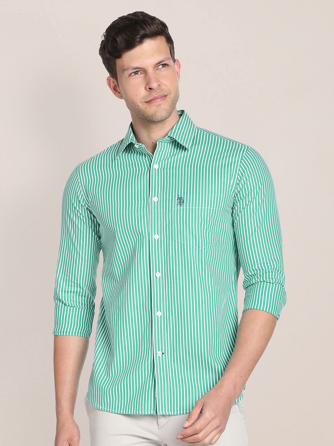 

U.S. Polo Assn. Plus Size Spread Collar Vertical Striped Pure Cotton Casual Shirt, Green