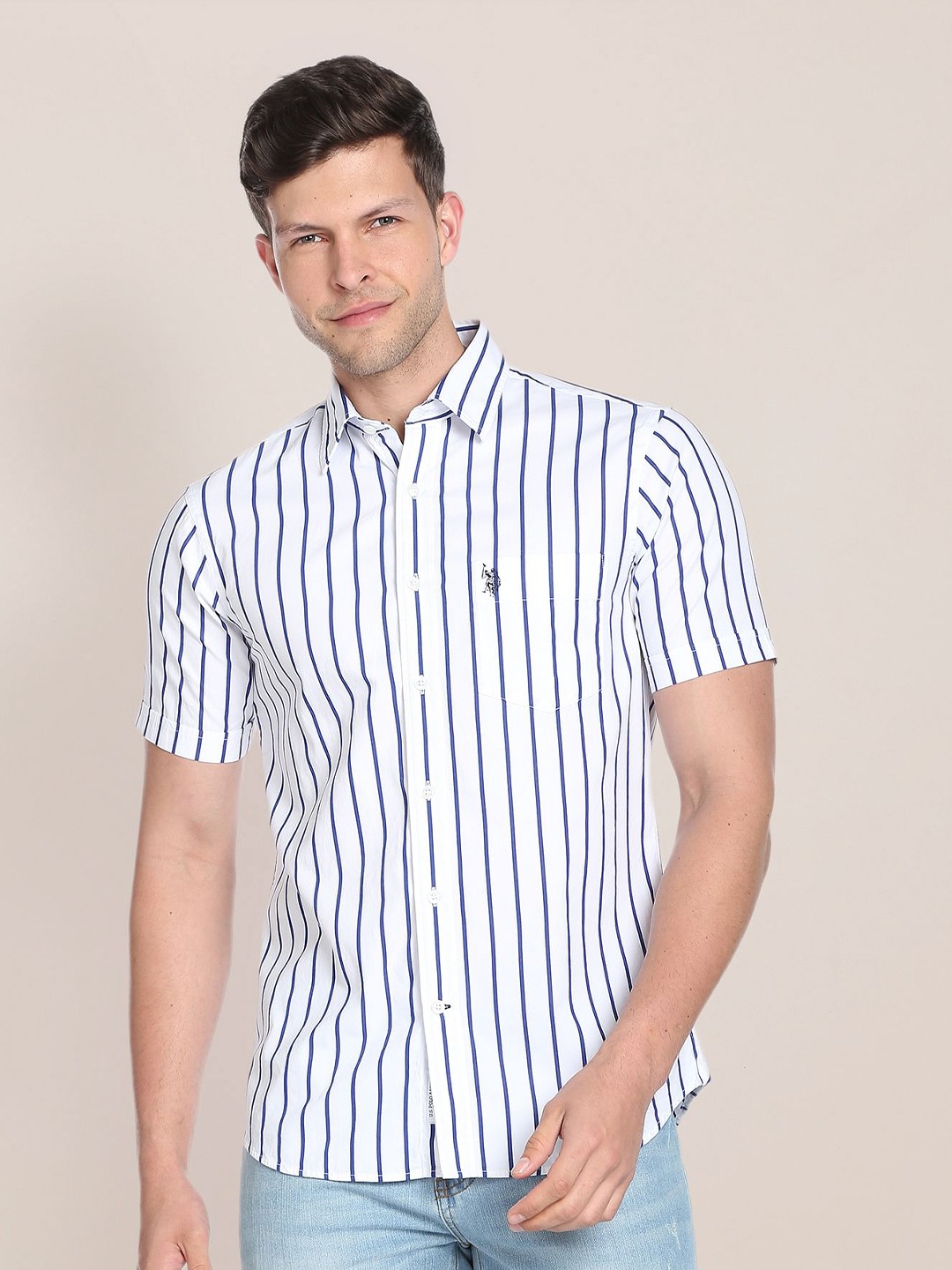 

U.S. Polo Assn. Spread Collar Vertical Striped Pure Cotton Casual Shirt, White