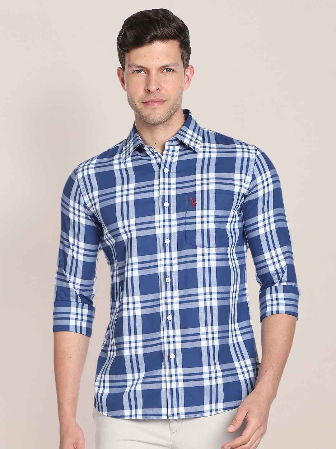 

U.S. Polo Assn. Spread Collar Tartan Checked Pure Cotton Casual Shirt, Blue
