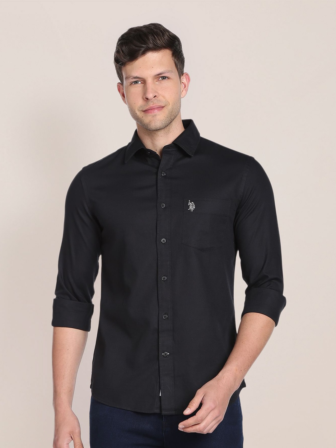 

U.S. Polo Assn. Spread Collar Regular Fit Pure Cotton Casual Shirt, Black