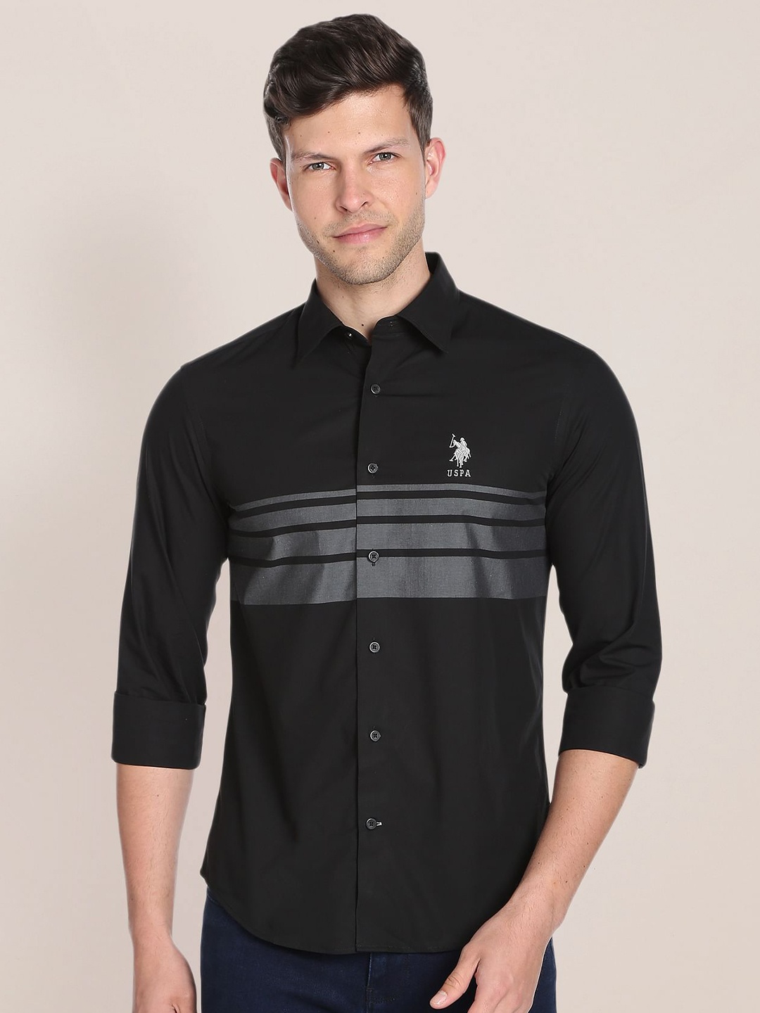 

U.S. Polo Assn. Spread Collar Horizontal Stripe Regular Fit Pure Cotton Casual Shirt, Black