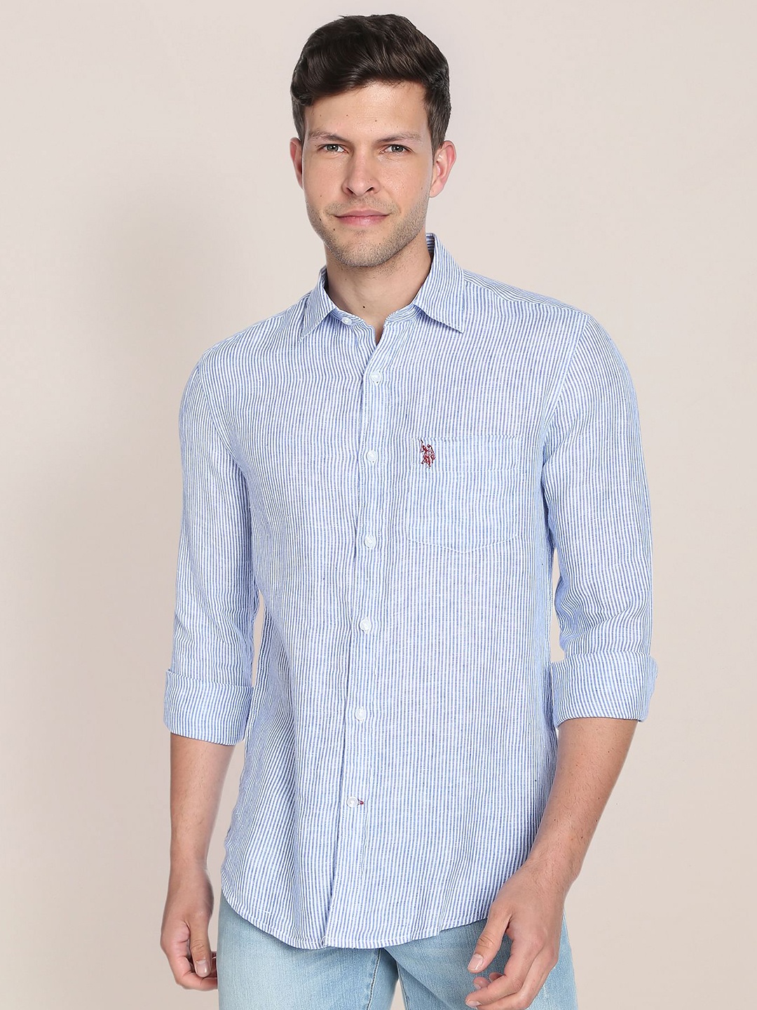 

U.S. Polo Assn. Spread Collar Vertical Stripe Regular Fit Linen Casual Shirt, Blue