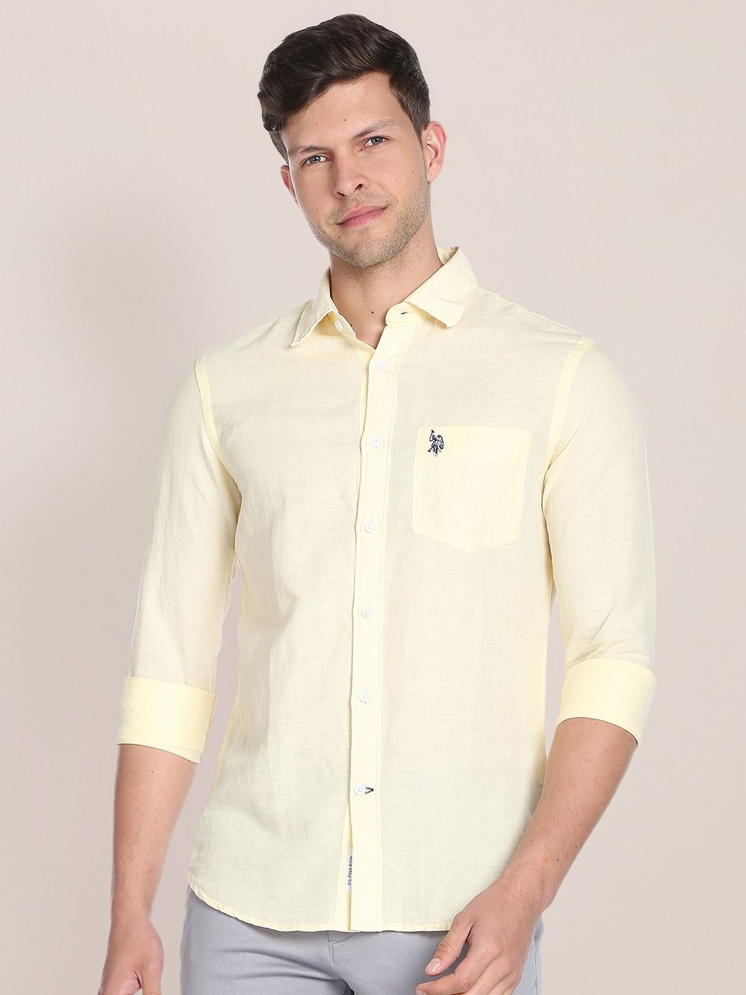 

U.S. Polo Assn. Spread Collar Regular Fit Pure Cotton Casual Shirt, Yellow