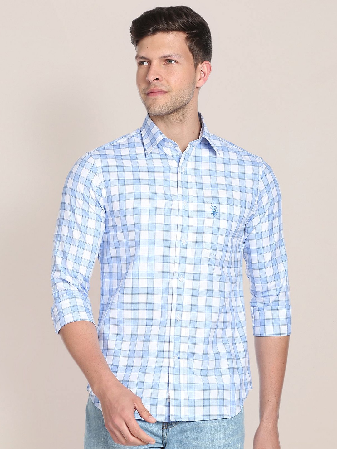 

U.S. Polo Assn. Spread Collar Regular Fit Tartan Checked Pure Cotton Shirt, Blue