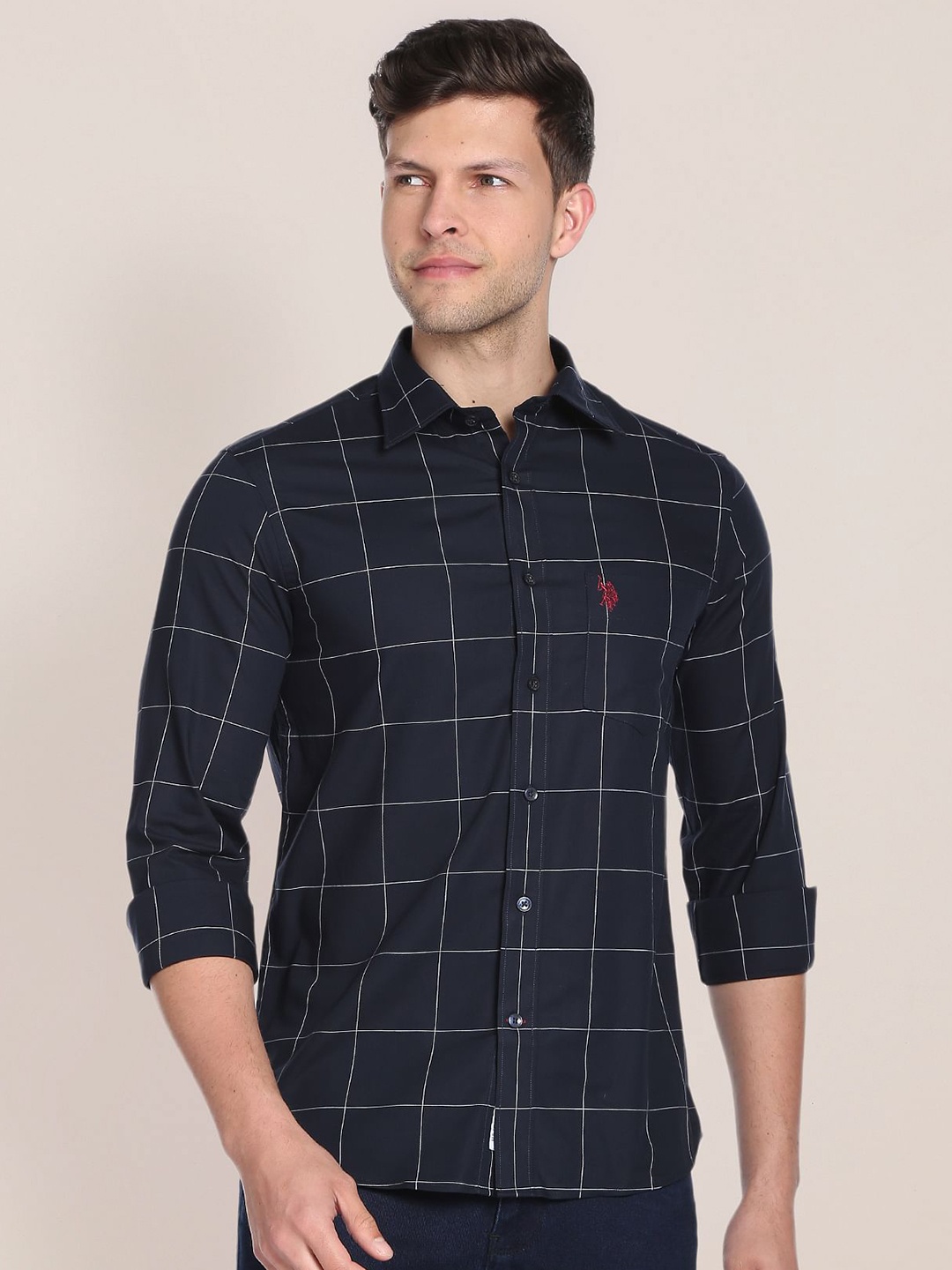 

U.S. Polo Assn. Spread Collar Windowpane Checked Pure Cotton Shirt, Blue