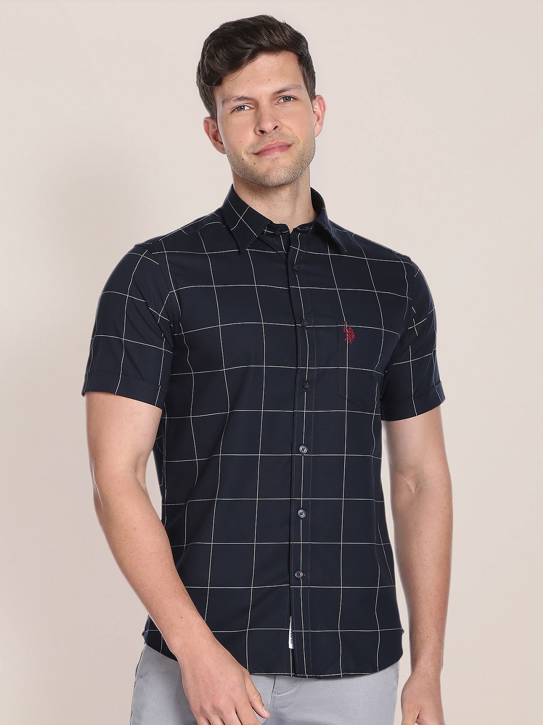 

U.S. Polo Assn. Windowpane Checks Pure Cotton Casual Shirt, Navy blue