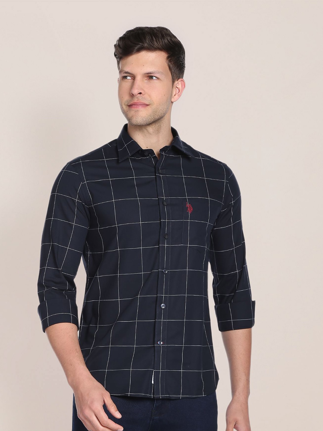 

U.S. Polo Assn. Windowpane Checks Checked Pure Cotton Casual Shirt, Blue