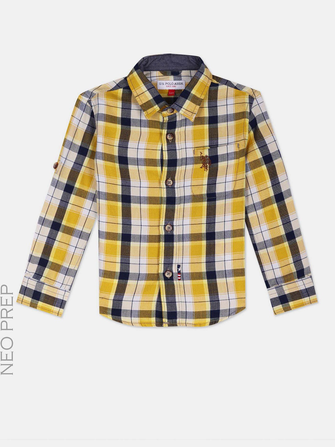 

U.S. Polo Assn. Kids Boys Spread Collar Tartan Checked Pure Cotton Casual Shirt, Yellow