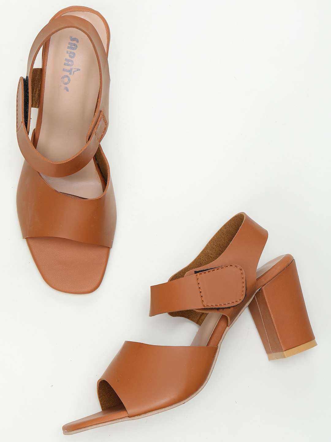 

SAPATOS Open Toe Block Heels, Tan